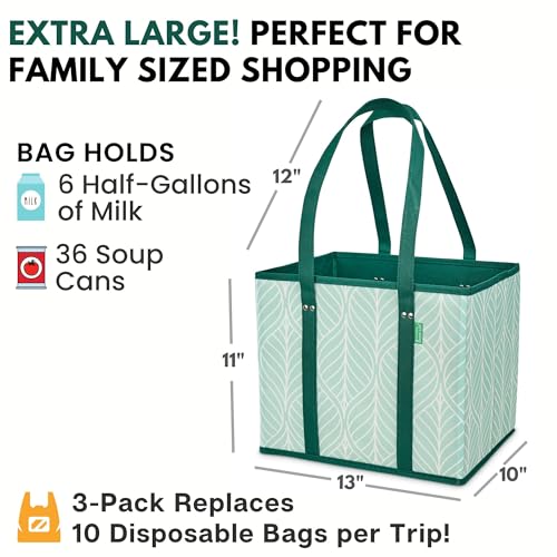 Creative Green Life Reusable Grocery Bags (3 Pack) – Heavy Duty Reusable Shopping Bags for Groceries with Box Shape to Stand Up, Stay Open, Fold Flat – Large Tote-Bag is Foldable with Long Handles & Hard Bottom (Green) - Image 4