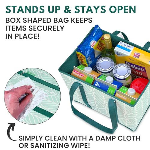 Creative Green Life Reusable Grocery Bags (3 Pack) – Heavy Duty Reusable Shopping Bags for Groceries with Box Shape to Stand Up, Stay Open, Fold Flat – Large Tote-Bag is Foldable with Long Handles & Hard Bottom (Green) - Image 2