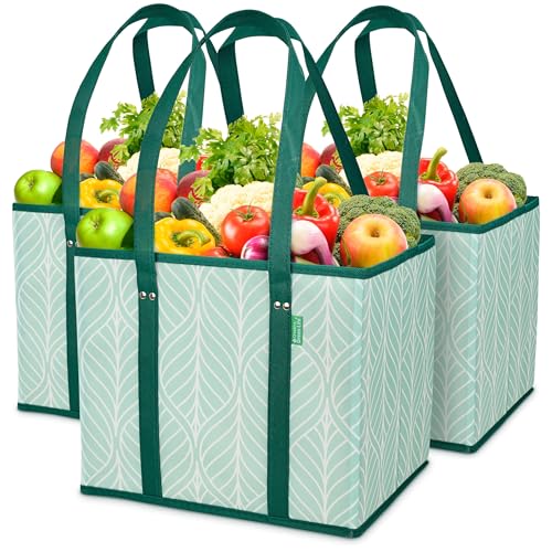 Creative Green Life Reusable Grocery Bags (3 Pack) – Heavy Duty Reusable Shopping Bags for Groceries with Box Shape to Stand Up, Stay Open, Fold Flat – Large Tote-Bag is Foldable with Long Handles & Hard Bottom (Green) - Image 1