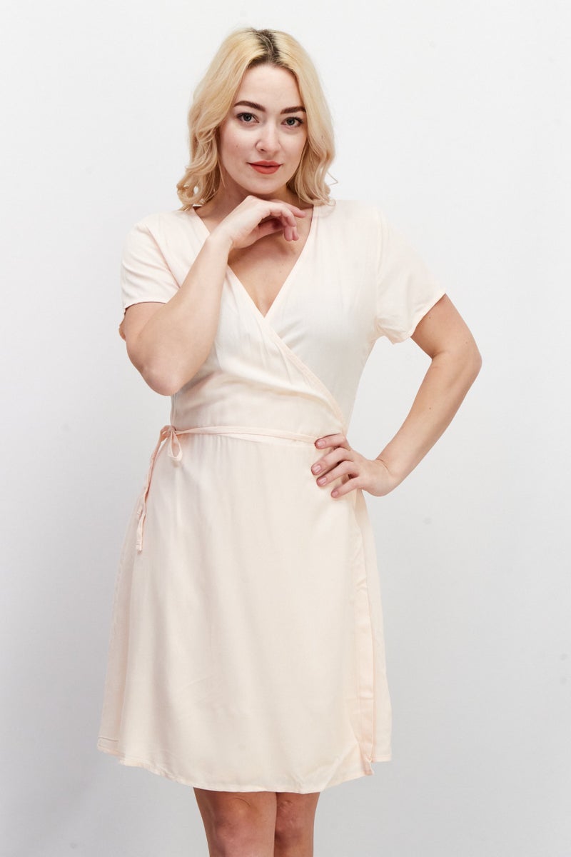 NA-KD Women Plain Wrap Mini Dress, Peach - Image 1
