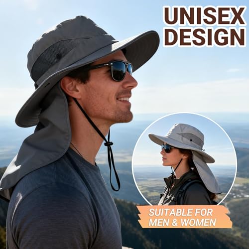 PFFY Sun Bucket Hats for Men Women Fishing Hat UV Protection Wide Brim Beach Safari Hiking Hat Darkgray with Neck Flap - Image 3