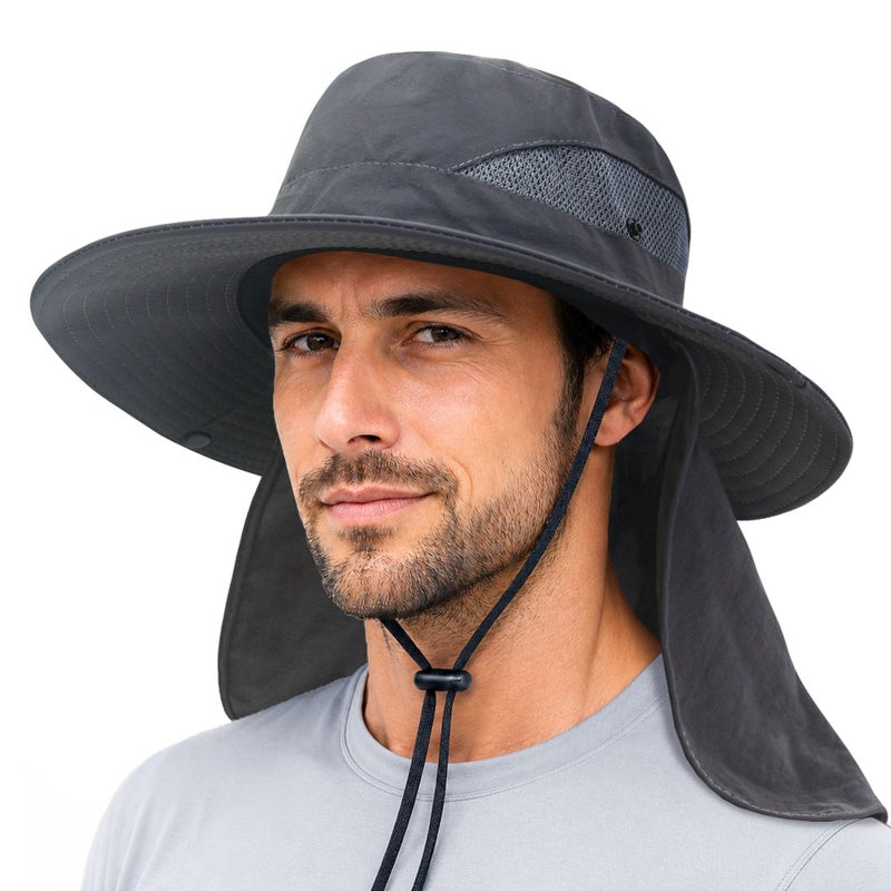 PFFY Sun Bucket Hats for Men Women Fishing Hat UV Protection Wide Brim Beach Safari Hiking Hat Darkgray with Neck Flap - Image 2