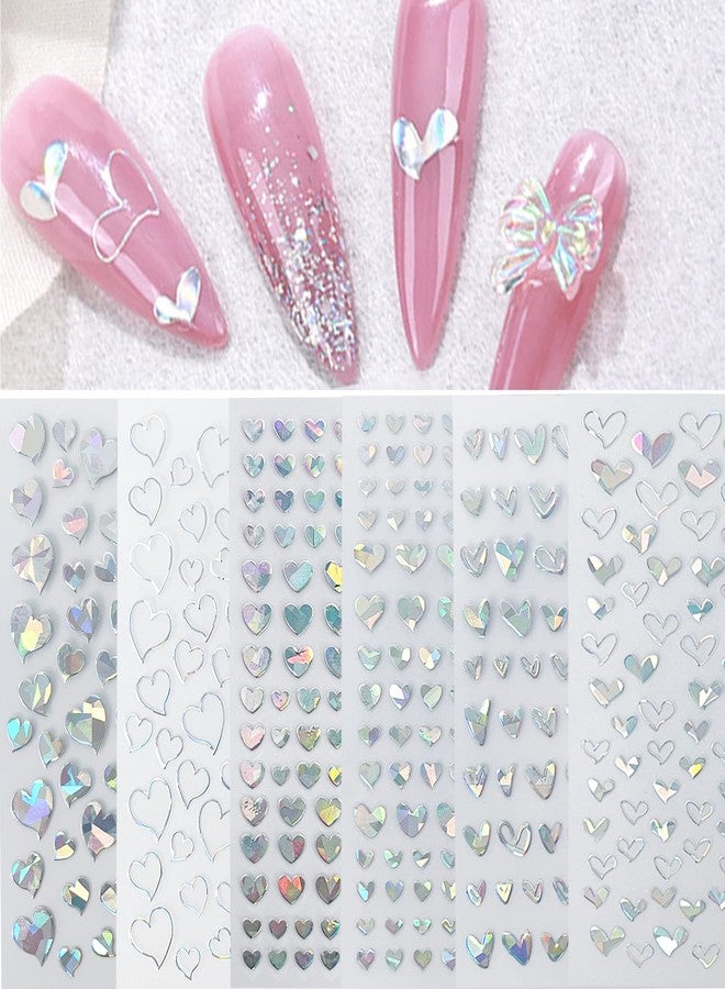 IHUKEIT Laser Silver Hearts Nail Stickers for Nail Art Designs and Nail Decorations 3D Self Adhesive Nail Art Decals for Women Girls Kids for Fingernails Acrylic Nails Decor (6 Sheets) - Image 1