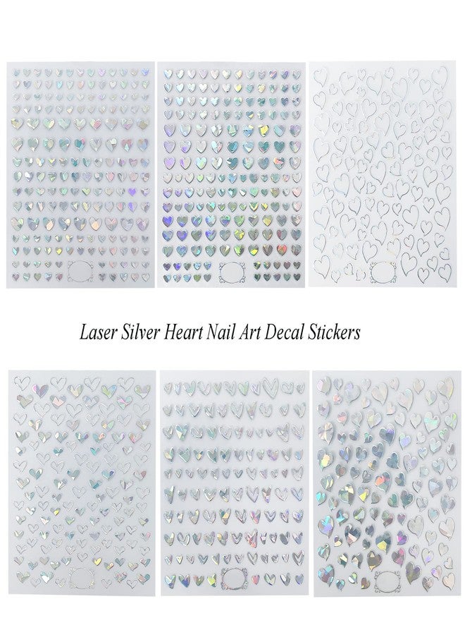 IHUKEIT Laser Silver Hearts Nail Stickers for Nail Art Designs and Nail Decorations 3D Self Adhesive Nail Art Decals for Women Girls Kids for Fingernails Acrylic Nails Decor (6 Sheets) - Image 3