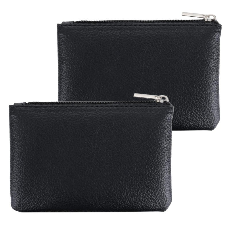 PENGJINYU 2 Pack Leather Zipper Coin Purse, Portable PU Leather Coin Purse,Mini Coin Pocket Pouch Change Holder, Coin Pouch with Zipper for Men Women Headset Credit Card ID Key Lipstick (Black) - Image 1