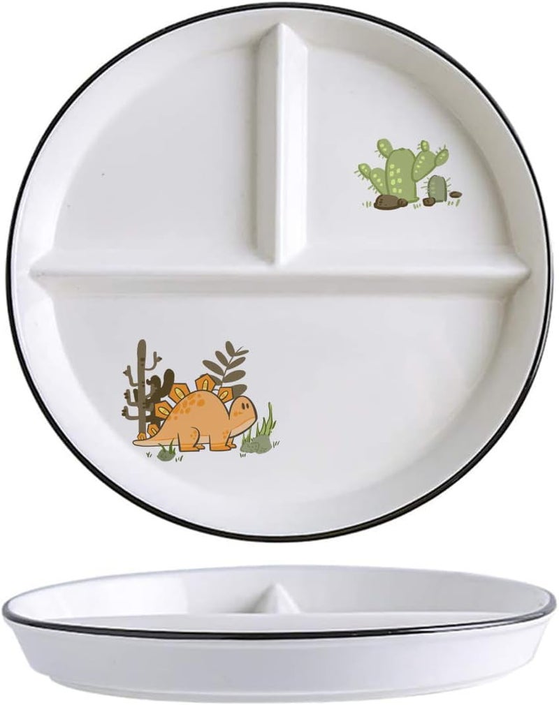 SOCOSY Dinosaur Ceramic 3Compartment Portion Control Plate Divided Dish Platters Divided Dessert Plate Salad Plate Dinner Plate Snack Dishes Appetizer Serving Trays 1 PCSDinosaurOrange8 Inch - Image 1