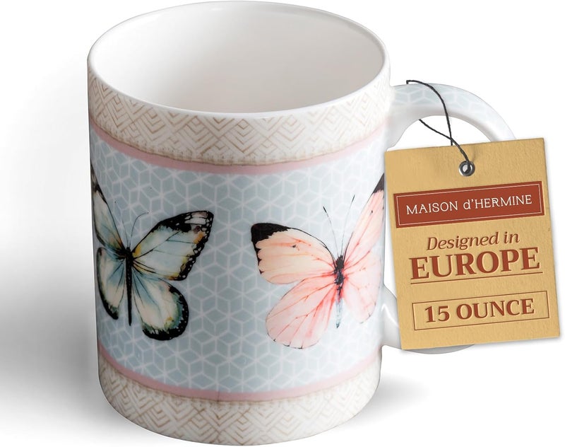 Maison d' Hermine Maison d Hermine Coffee Mug with Handles Fine Bone China Mugs Pack of One Tea Cups for Hot Beverages Cappuccino Latte Home Office Perfect for Gift Blossoms In Spring  Butterfly 15 Ounce - Image 1