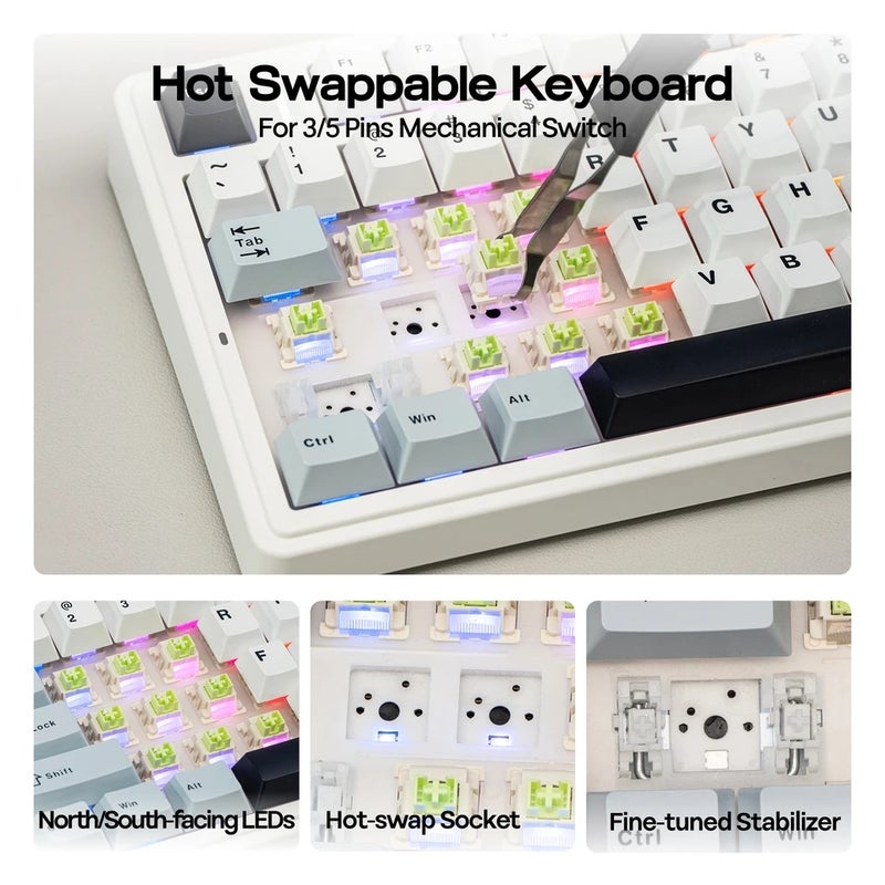 Aula F75 Mechanical Keyboard, 75% Ansi, Hot-Swap, Gasket, PBT Keycaps, Bluetooth 5.0, 2.4G Wireless, Wired, for Mac, Windows - Image 4