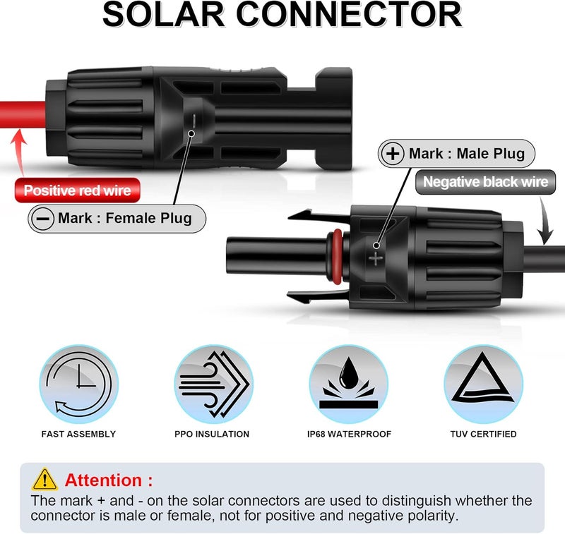 كابل تمديد الألواح الشمسية 6mm² / 10AWG مع موصلات أنثى وذكر للألواح الشمسية 1 متر/3 أقدام، محول سلك الألواح الشمسية مقاوم للماء (3FT أحمر + 3FT أسود) - Image 2