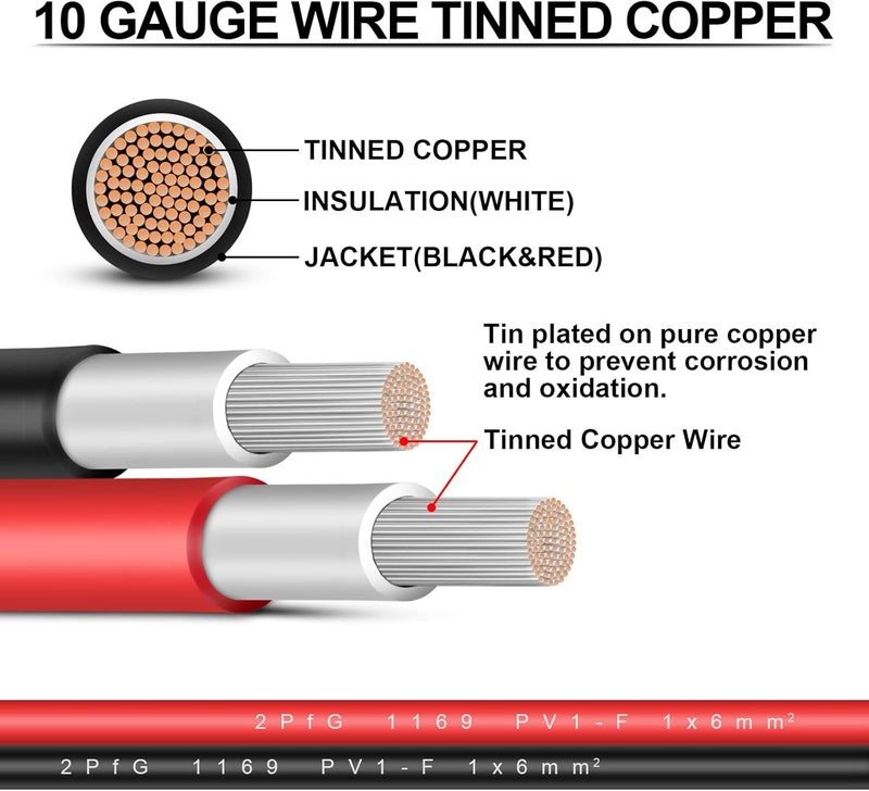 كابل تمديد الألواح الشمسية 6mm² / 10AWG مع موصلات أنثى وذكر للألواح الشمسية 1 متر/3 أقدام، محول سلك الألواح الشمسية مقاوم للماء (3FT أحمر + 3FT أسود) - Image 3