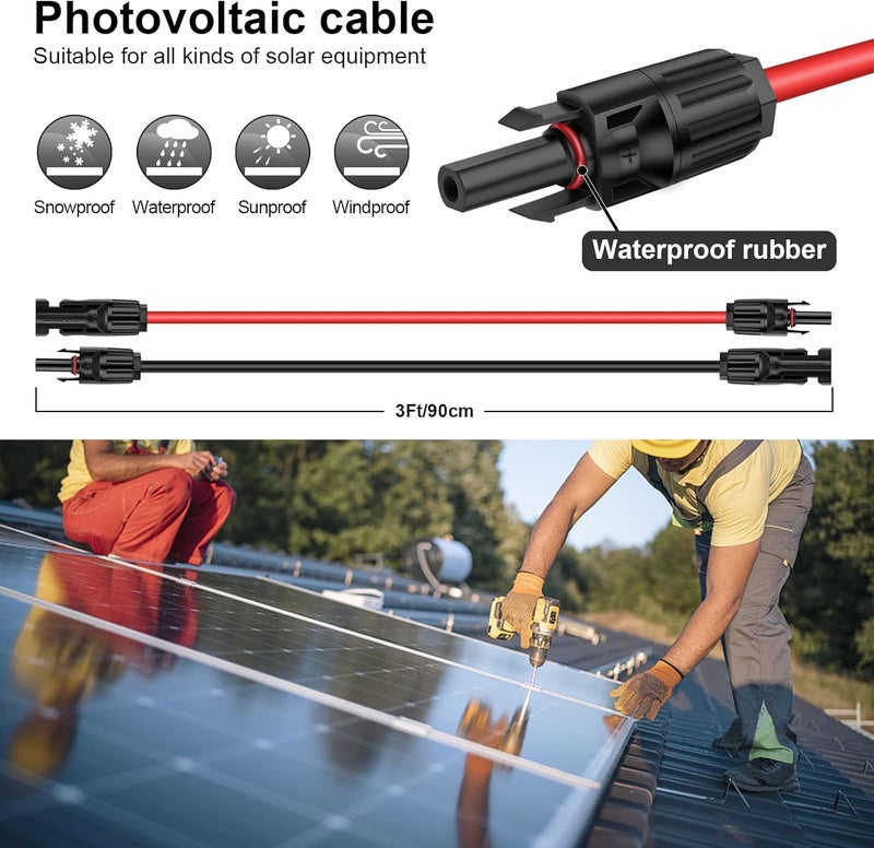 كابل تمديد الألواح الشمسية 6mm² / 10AWG مع موصلات أنثى وذكر للألواح الشمسية 1 متر/3 أقدام، محول سلك الألواح الشمسية مقاوم للماء (3FT أحمر + 3FT أسود) - Image 4