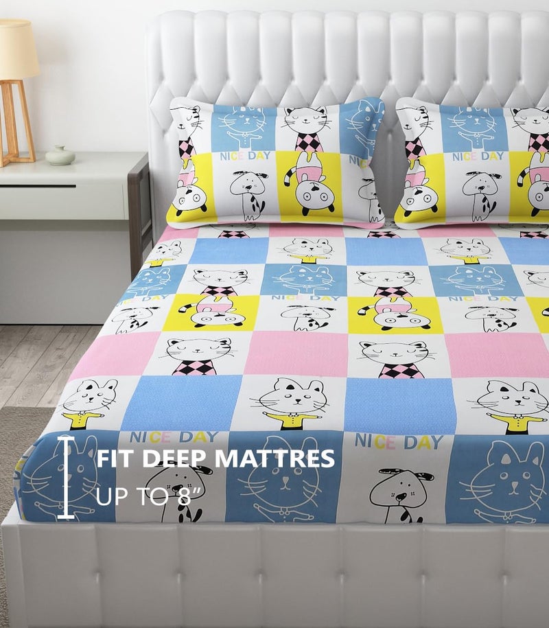 FRESH FROM LOOM Hypoallergenic Glace Cotton Kids Elastic Fitted Bedsheet,Rotary Printed,Wrinkle Free With 2 Pillow Covers(Size,78 X 72 Inches(Fits Up To 8 Inch),Aqua Pink,Nice Day),Double Bed,300 TC - Image 4