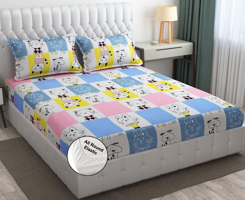 FRESH FROM LOOM Hypoallergenic Glace Cotton Kids Elastic Fitted Bedsheet,Rotary Printed,Wrinkle Free With 2 Pillow Covers(Size,78 X 72 Inches(Fits Up To 8 Inch),Aqua Pink,Nice Day),Double Bed,300 TC - Image 1