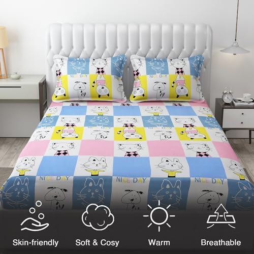FRESH FROM LOOM Hypoallergenic Glace Cotton Kids Elastic Fitted Bedsheet,Rotary Printed,Wrinkle Free With 2 Pillow Covers(Size,78 X 72 Inches(Fits Up To 8 Inch),Aqua Pink,Nice Day),Double Bed,300 TC - Image 2