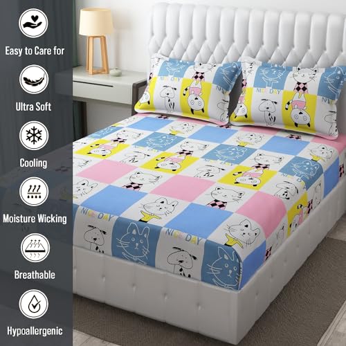 FRESH FROM LOOM Hypoallergenic Glace Cotton Kids Elastic Fitted Bedsheet,Rotary Printed,Wrinkle Free With 2 Pillow Covers(Size,78 X 72 Inches(Fits Up To 8 Inch),Aqua Pink,Nice Day),Double Bed,300 TC - Image 5