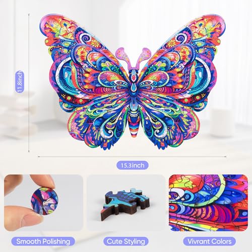 Mys Aurora Wooden Puzzles for Adults Butterfly Jigsaw Puzzles 300 Pieces 118 x 153 Inch Unique Shaped Irregular Colorful Wood Puzzles Beautiful Packaging Gifts for Adults and Kids Family Game - Image 5