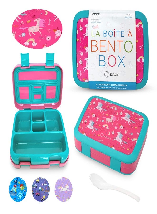 kinsho Unicorn Bento Lunch Box for Girls Toddlers, 5 Portion Control Sections, BPA Free Removable Plastic Tray, Pre-School Kid Toddler Girl Daycare Lunches, Snack Container Ages 3 to 7 Pink Unicorns - Image 1