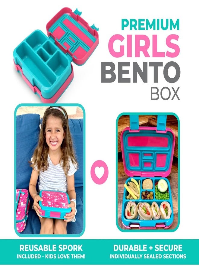 kinsho Unicorn Bento Lunch Box for Girls Toddlers, 5 Portion Control Sections, BPA Free Removable Plastic Tray, Pre-School Kid Toddler Girl Daycare Lunches, Snack Container Ages 3 to 7 Pink Unicorns - Image 2
