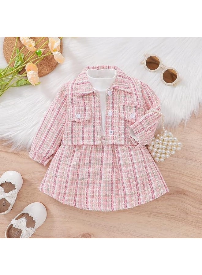 MiniMe Baby Girls’ Two‑Piece Tweed Skirt Dress & Cropped Jacket Set | 12 Months | Pastel Pink Plaid | Soft Cotton‑Blend Bodice & Textured Tweed | Elegant Mock‑Neck Long Sleeves | Button‑Front Jacket with Pockets | Comfortable, Fully Lined, Machine Washable | Perfect for Photos, Parties, Holidays, and Everyday Chic Looks - Image 2