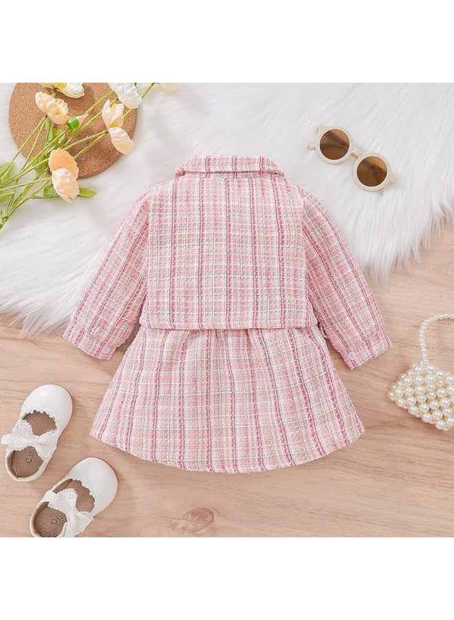 MiniMe Baby Girls’ Two‑Piece Tweed Skirt Dress & Cropped Jacket Set | 12 Months | Pastel Pink Plaid | Soft Cotton‑Blend Bodice & Textured Tweed | Elegant Mock‑Neck Long Sleeves | Button‑Front Jacket with Pockets | Comfortable, Fully Lined, Machine Washable | Perfect for Photos, Parties, Holidays, and Everyday Chic Looks - Image 3