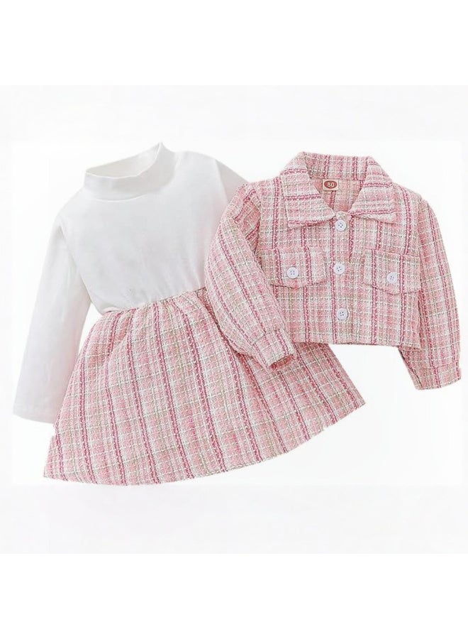 MiniMe Baby Girls’ Two‑Piece Tweed Skirt Dress & Cropped Jacket Set | 12 Months | Pastel Pink Plaid | Soft Cotton‑Blend Bodice & Textured Tweed | Elegant Mock‑Neck Long Sleeves | Button‑Front Jacket with Pockets | Comfortable, Fully Lined, Machine Washable | Perfect for Photos, Parties, Holidays, and Everyday Chic Looks - Image 1