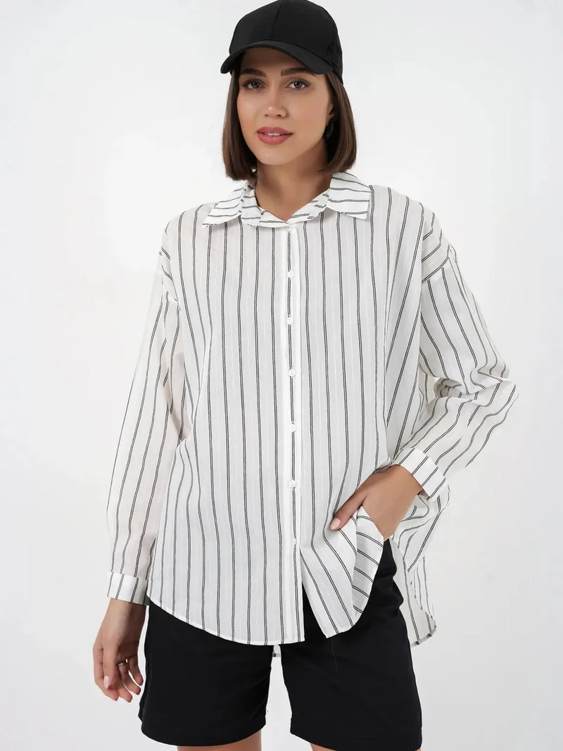 بيغ دارت BDART Textured Striped Oversized Shirt with Button Closure