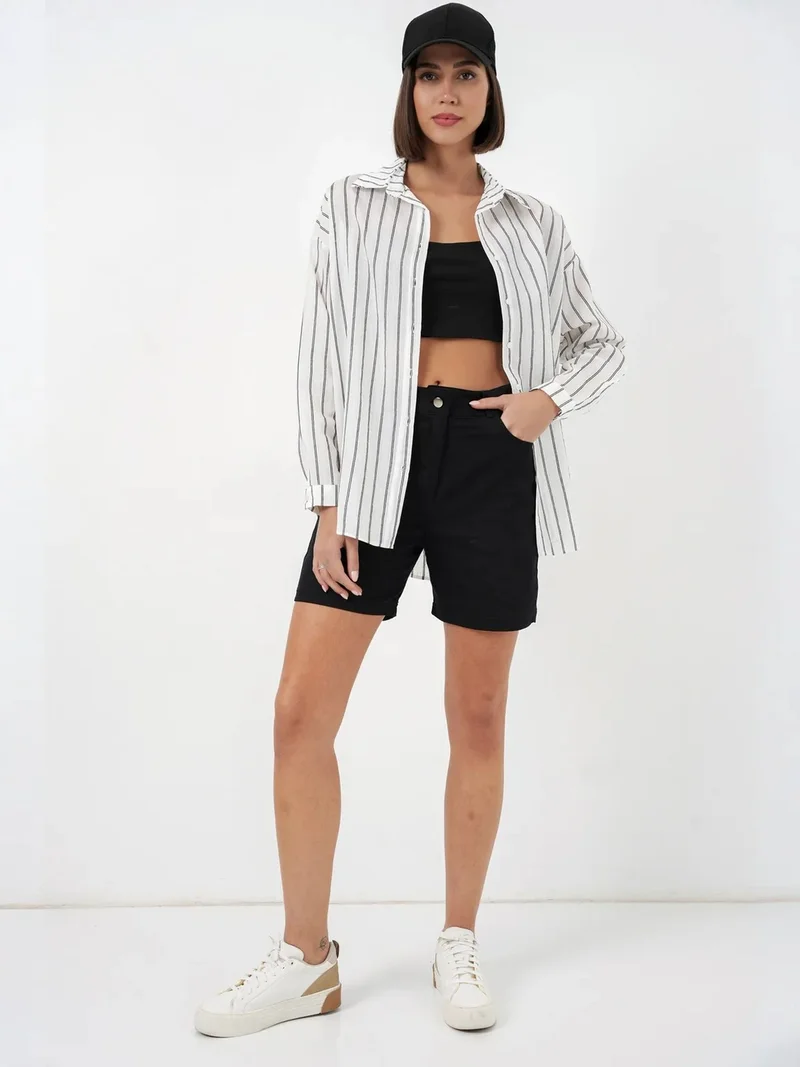 بيغ دارت BDART Textured Striped Oversized Shirt with Button Closure