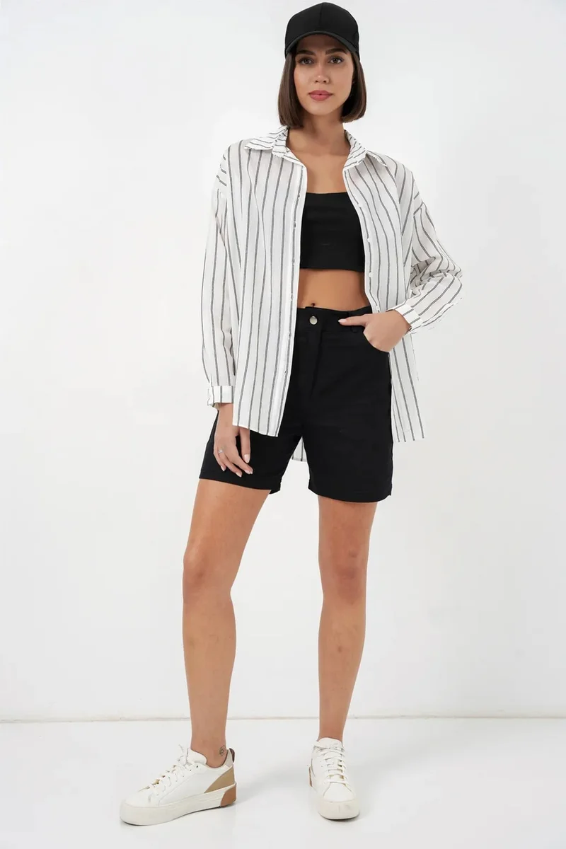 بيغ دارت BDART Textured Striped Oversized Shirt with Button Closure