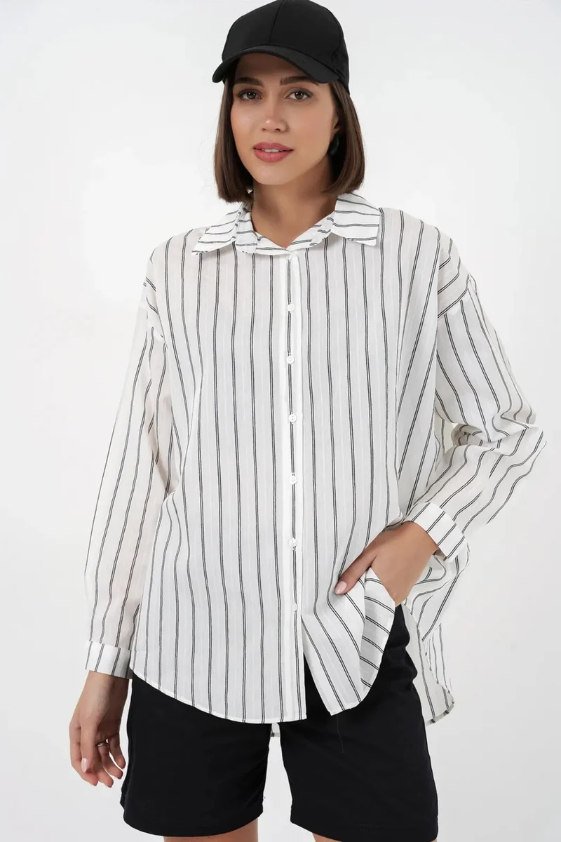 بيغ دارت BDART Textured Striped Oversized Shirt with Button Closure