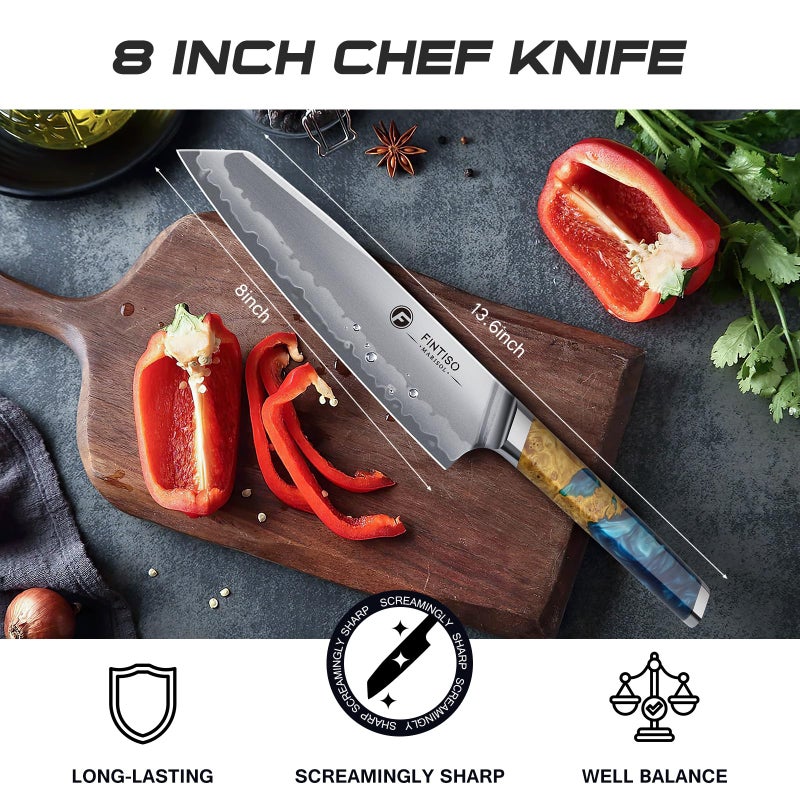 FINTISO Chef Knife 8 inch Kitchen Knife in S35VN Powder Steel Core Japanese Chef Knife, 7-Layers Clad Steel Cooking Knife Super Sharp Knife for Kitchen with Celestial Resin & Wood Handle Gift Box - Image 5