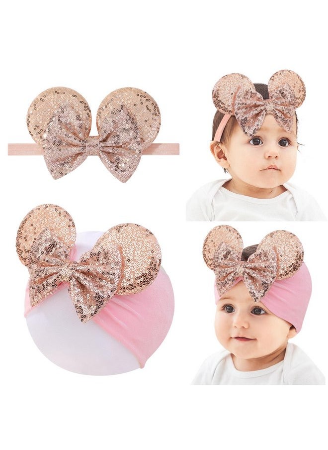 choicbaby choicbaby Baby Girl Headbands Mouse Ears Headwrap with Sequin Polka Dot Bow Soft Stretchy Nylon Hair Bands for Newborn Infant Baby Toddler Girls- Pack of 2  - Image 1