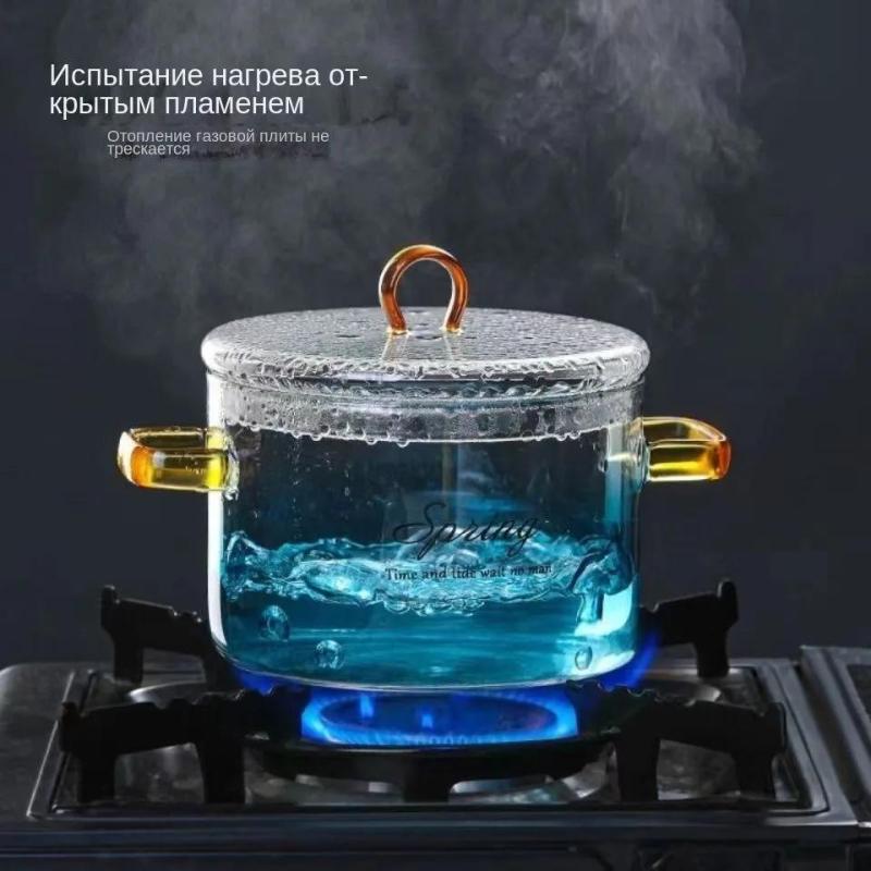 Borosilicate Glass Cookware 1.5L Thermal-Resistant Pot - Durable Transparent Design with Cool-Touch Handle for Glass-Ceramic Cooktops - Image 1