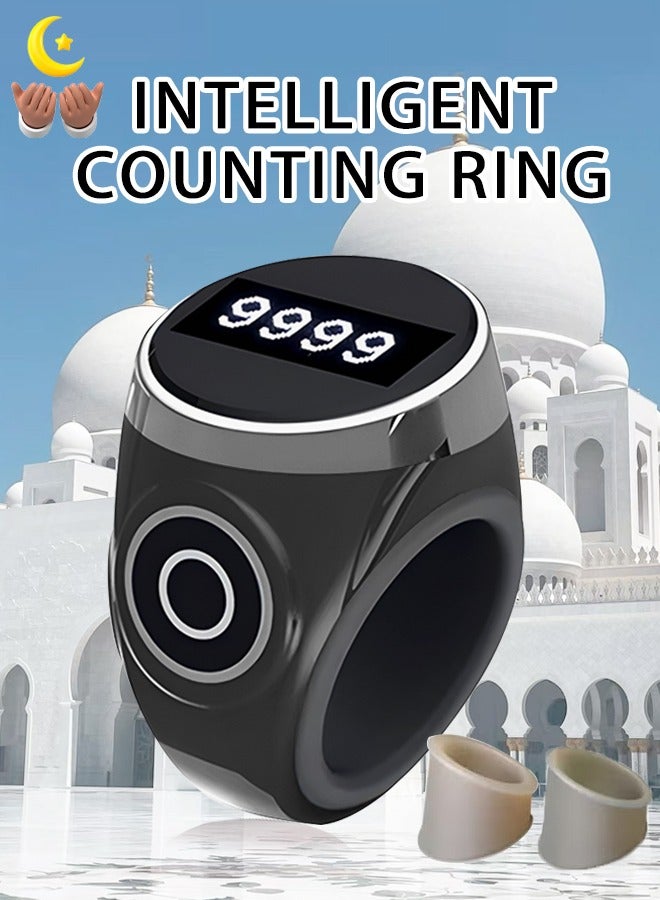 خاتم ذكر مع تذكير بالاهتزاز، عداد تسبيح قابل للتعديل بثلاثة أحجام (18/20/22 مم)، شاشة OLED مقاومة للماء، عداد تسبيح للتأمل والصلاة الإسلامية (أسود) - Image 1
