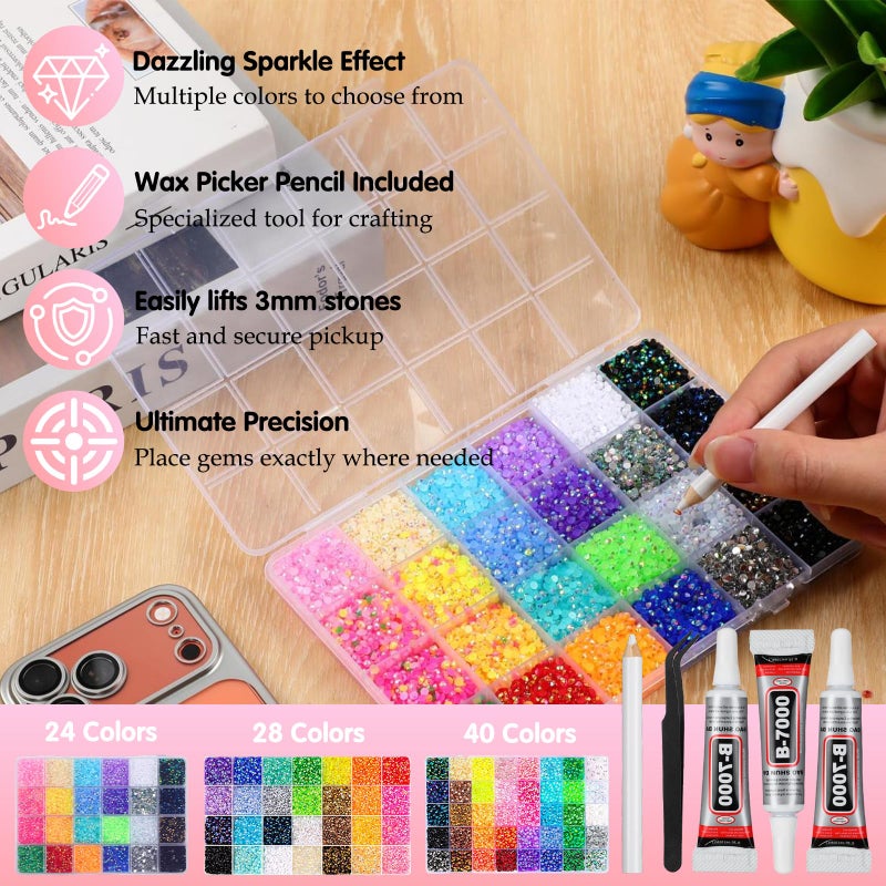 BSummit 3mm Colorful DIY Resin Rhinestone Kit for Bedazzling, Multicolor Flatback Gems, 3Pcs 10ml B7000 Jewelry Glue for Bedazzled Nail Art Clothing Shoes Nail Book Diamond Art (32000) - Image 2