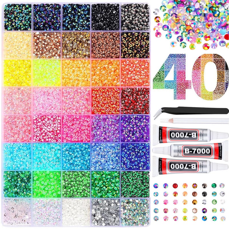 BSummit 3mm Colorful DIY Resin Rhinestone Kit for Bedazzling, Multicolor Flatback Gems, 3Pcs 10ml B7000 Jewelry Glue for Bedazzled Nail Art Clothing Shoes Nail Book Diamond Art (32000) - Image 1