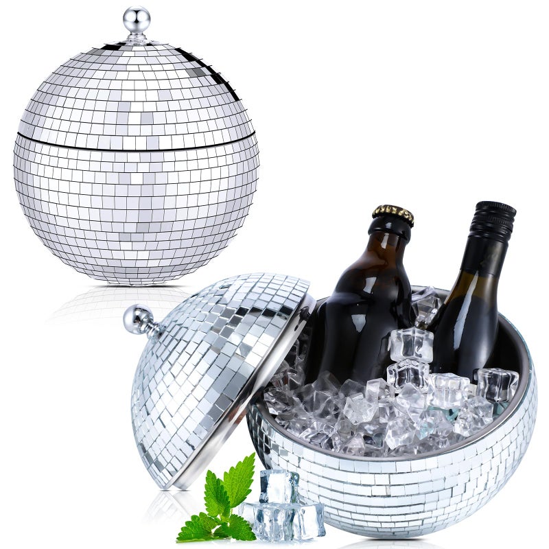Hoolerry 2l Disco Ball Ice Bucket Mirror Silver Disco Beverage Tubs Bowl Vase Cup Drink Bucket Ice Barrel Double Stainless Steel Retro Party Supplies Accessories