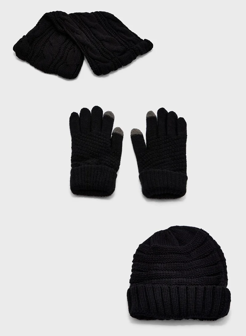 Robert Wood 3 Pack Knitted Winter Beanie , Scarf & Gloves Set