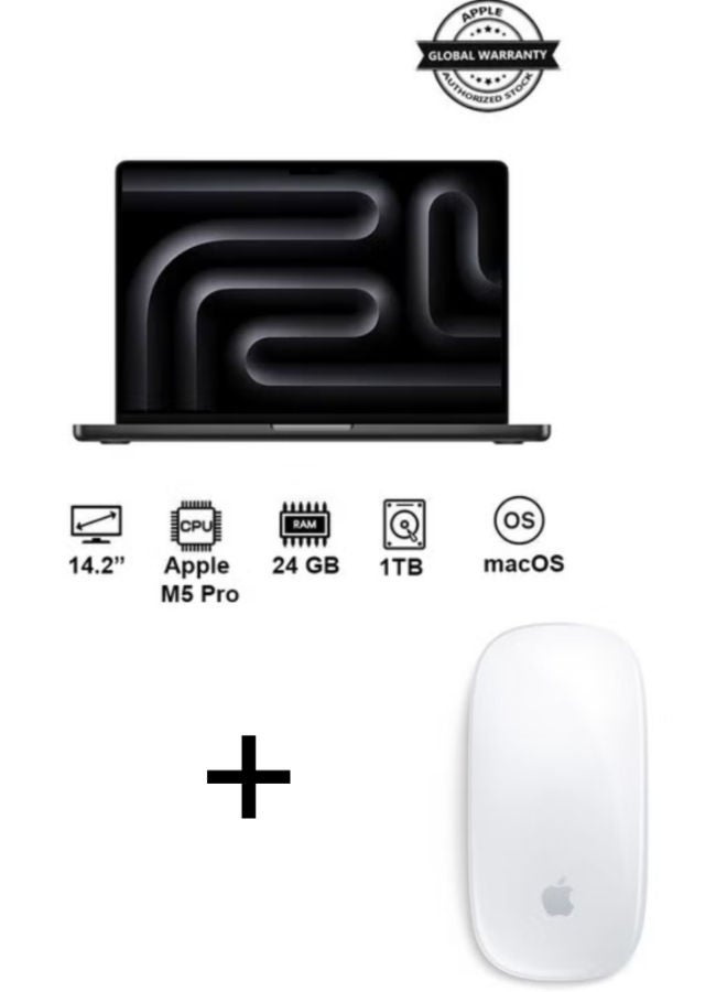 Apple MacBook Pro MGDR4 Laptop with 14.2 Inch 4K / Apple M5 Pro Chip | 15-Core CPU 16-Core GPU / 24 Gigabyte / 1 Terabyte SSD / Integrated Graphic card / English Keyboard apple Magic Mouse (USB-C Port) English Space Black - Image 1