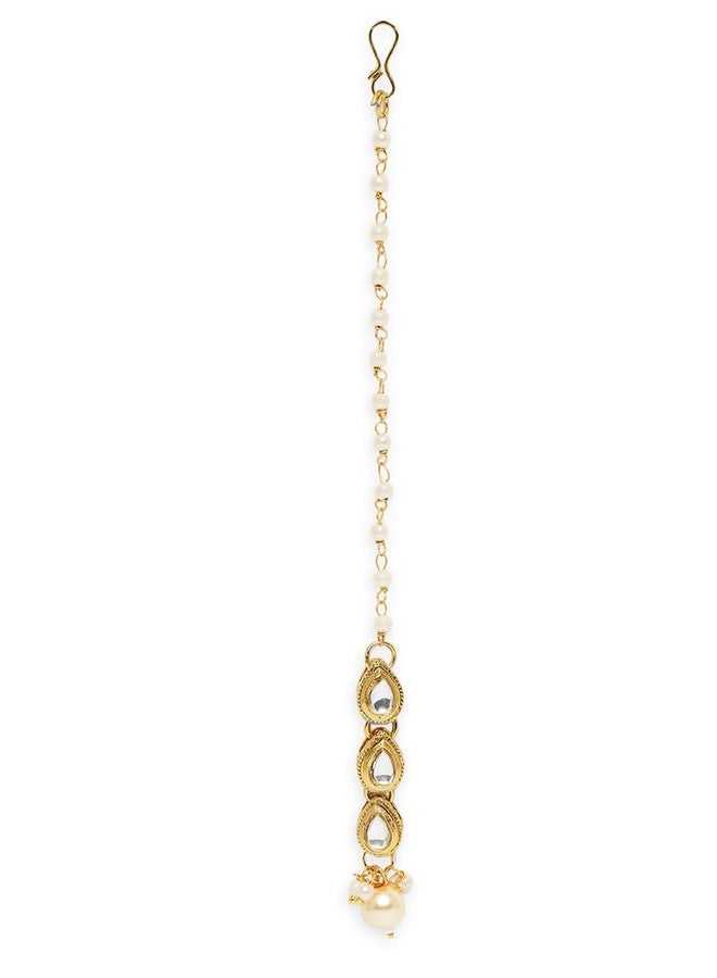fabula Jewellery Gold Tone Kundan & Pearls Wedding Delicate Maangtikka For Women & Girls Stylish Latest (MTDP15_AMR2) - Image 2