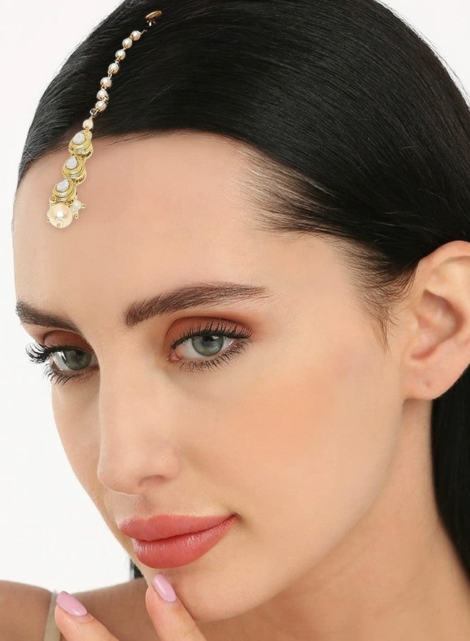 fabula Jewellery Gold Tone Kundan & Pearls Wedding Delicate Maangtikka For Women & Girls Stylish Latest (MTDP15_AMR2) - Image 5