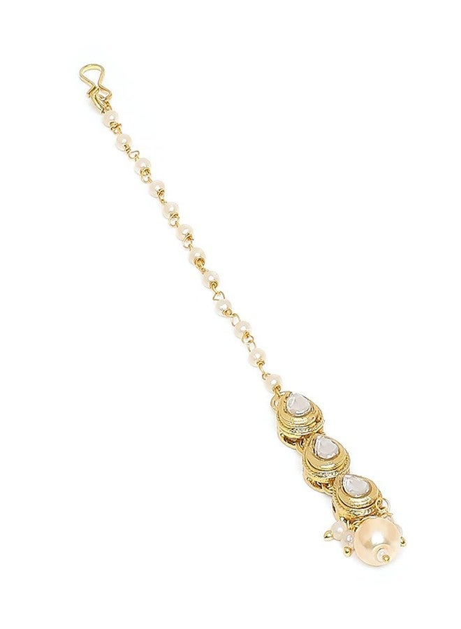 fabula Jewellery Gold Tone Kundan & Pearls Wedding Delicate Maangtikka For Women & Girls Stylish Latest (MTDP15_AMR2) - Image 3