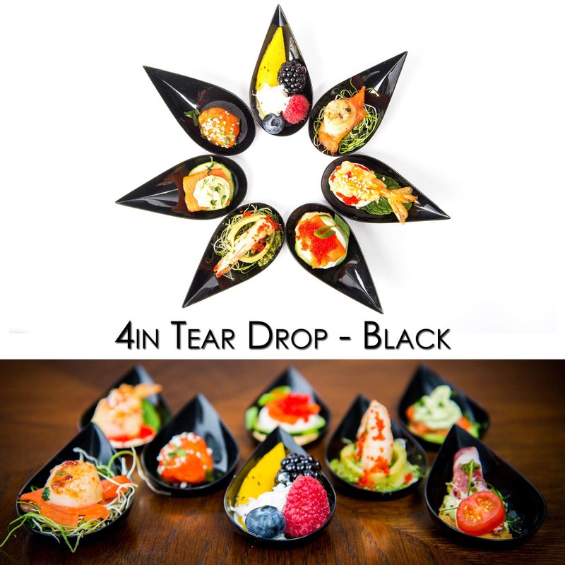 DLux 100 4-in Tear Drop Mini Appetizer Plates with Forks,Reusable Black Plastic Spoons - Desserts and Appetizers Dishes Serving Plate - Asian Spoon Set, Small Catering Dessert Tasting Cups - Image 4