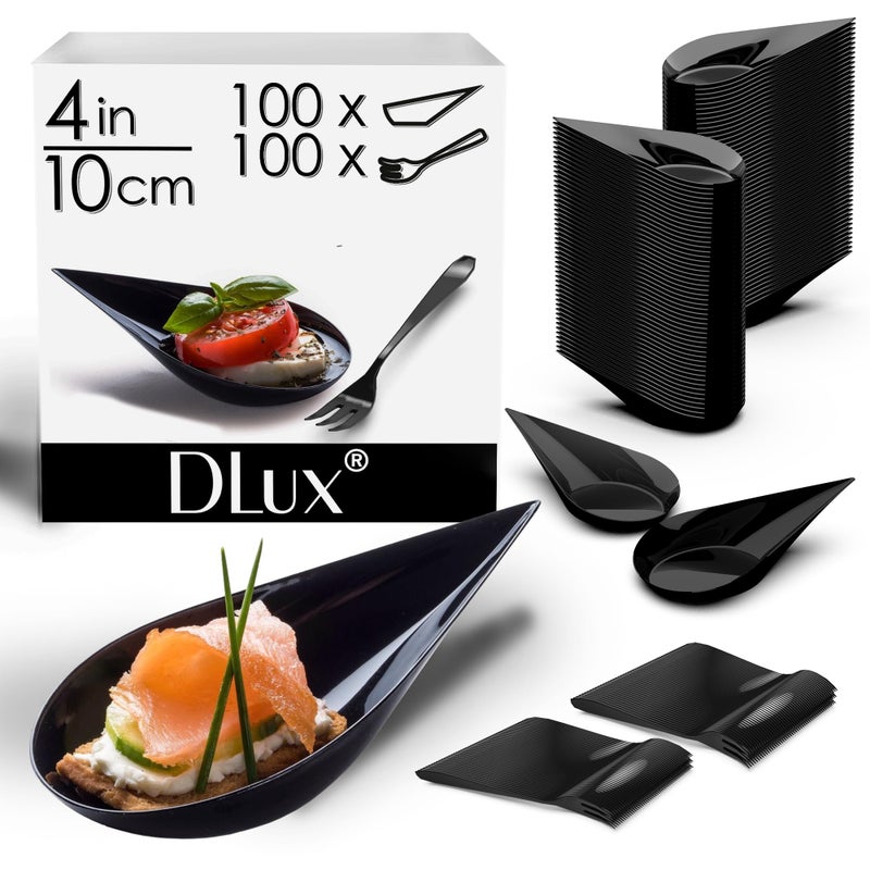DLux 100 4-in Tear Drop Mini Appetizer Plates with Forks,Reusable Black Plastic Spoons - Desserts and Appetizers Dishes Serving Plate - Asian Spoon Set, Small Catering Dessert Tasting Cups - Image 2