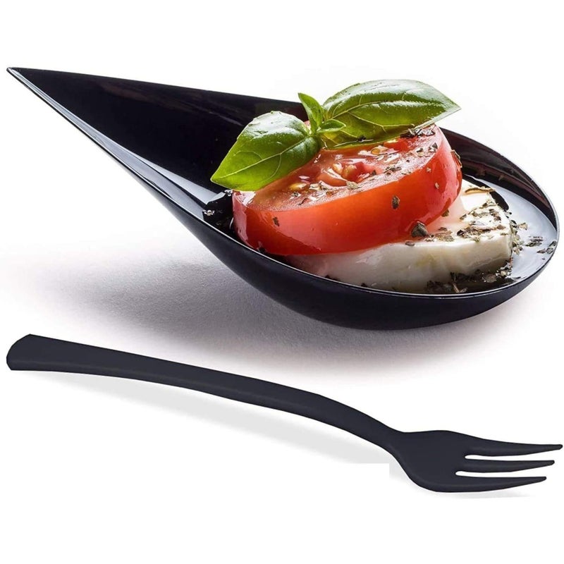 DLux 100 4-in Tear Drop Mini Appetizer Plates with Forks,Reusable Black Plastic Spoons - Desserts and Appetizers Dishes Serving Plate - Asian Spoon Set, Small Catering Dessert Tasting Cups - Image 1