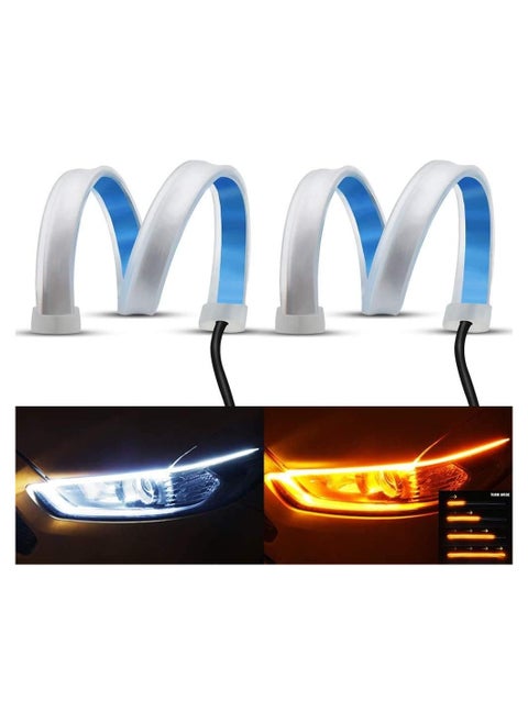 Flexible car LED light strip, 2 pieces, 24 inches, mounted on the surface of the headlights, dual-color white daylight and yellow/amber light (sequential flow)