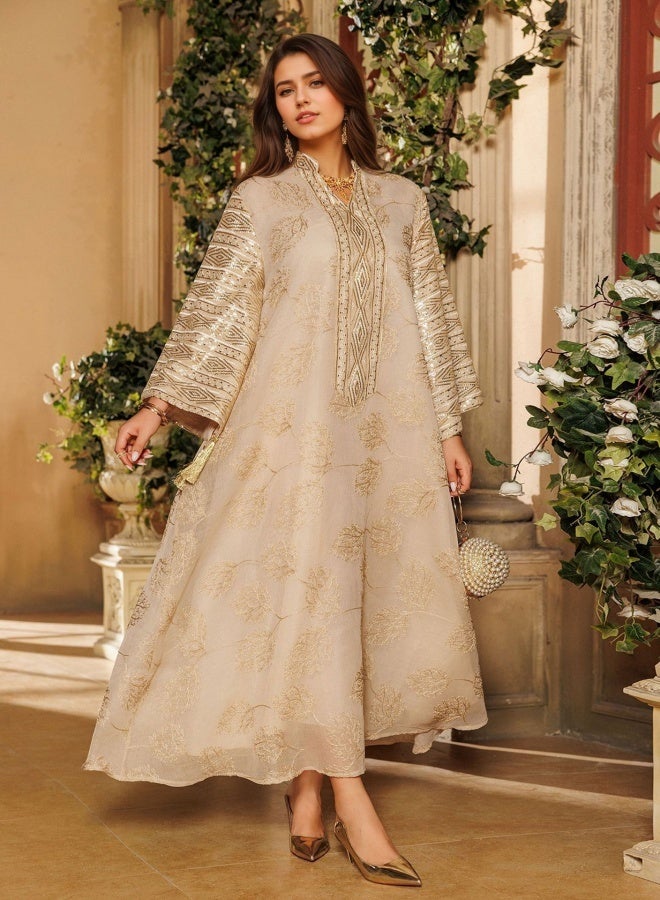 Fringed Leaf Embroidered Maxi Dress Fashion Elegant Overlay Dress Robe - Size S - Image 1