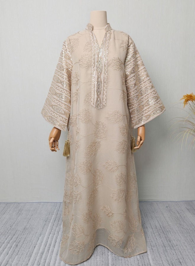Fringed Leaf Embroidered Maxi Dress Fashion Elegant Overlay Dress Robe - Size S - Image 2