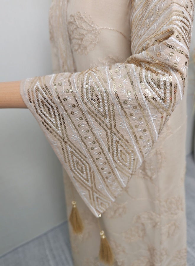 Fringed Leaf Embroidered Maxi Dress Fashion Elegant Overlay Dress Robe - Size S - Image 3