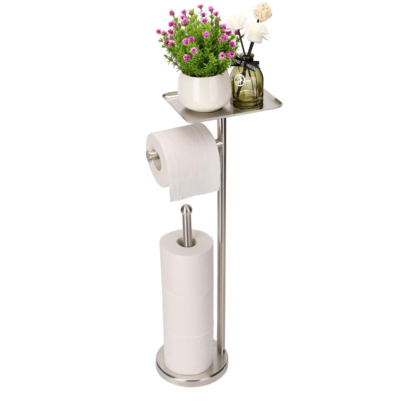 Noonext Toilet Paper Holder with Shelf Freestanding Toilet Paper Stand with Tray for Small Items Toilet Paper Holder Freestanding Storage Space for 4 Extra Toilet Paper Rolls Brushed Nickel