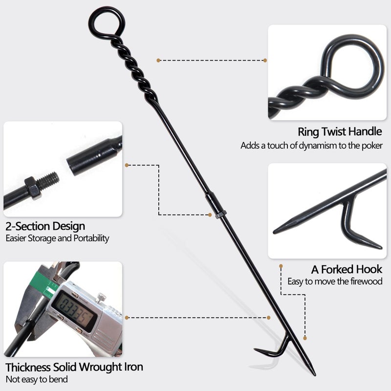CKLT Fire Poker for Fire Pit Outdoor, 26inch Twisted Rope Design Camping Fireplace Poker, Removable and Portable Fire Pit Accessories, Heavy Duty Solid Steel Fireplace Tool Rust-Resistant Black Finish - Image 4